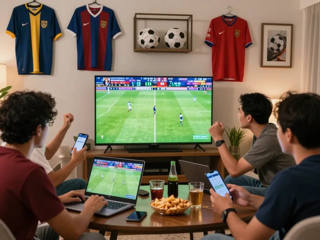 Friends enjoying Judi Bola betting while watching a thrilling football match on TV, showcasing excitement and camaraderie.