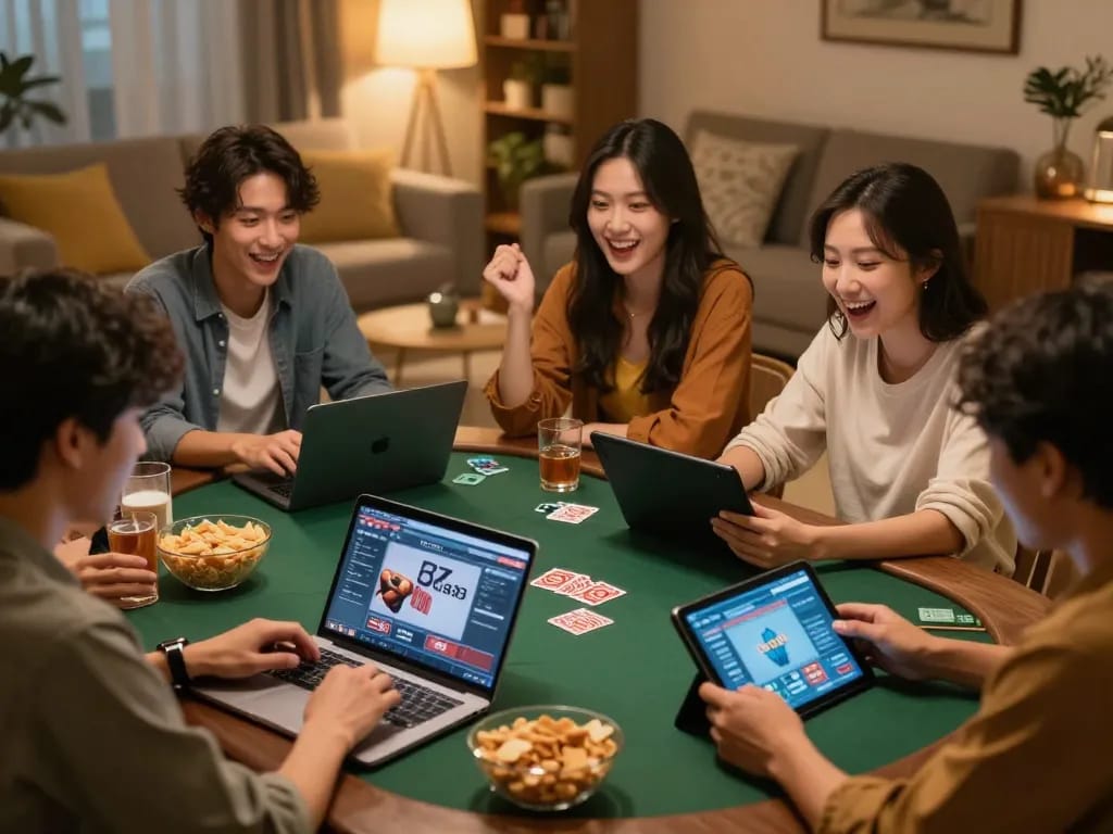 Friends enjoying an engaging online poker game with GG88 in a cozy home atmosphere.