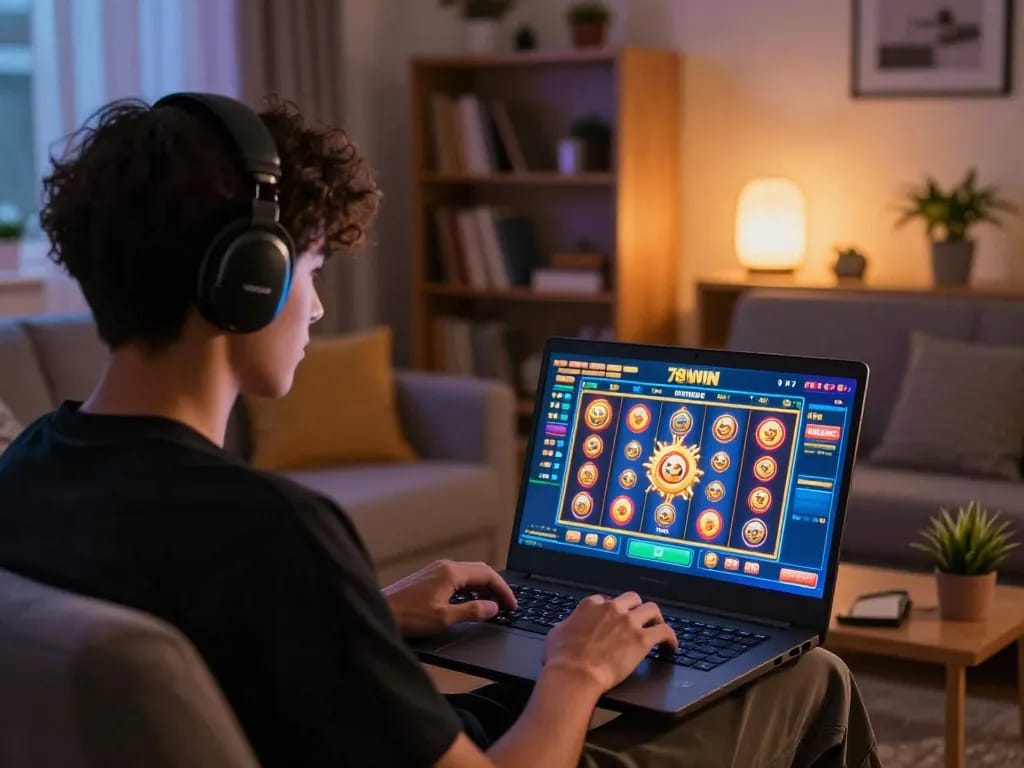 Experience thrilling gameplay at 78WIN with a gamer exploring slots in a cozy living room.