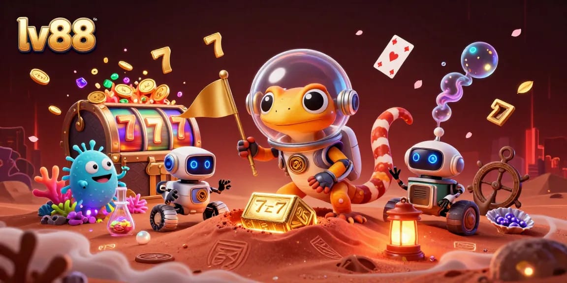 Experience the thrill of gaming at lv88, with engaging slot reels and vibrant casino elements in a dynamic Martian scene.