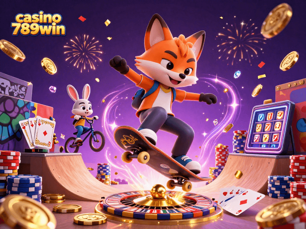 Experience thrilling wins at casino 789win with a vibrant 3D illustration of gaming action.