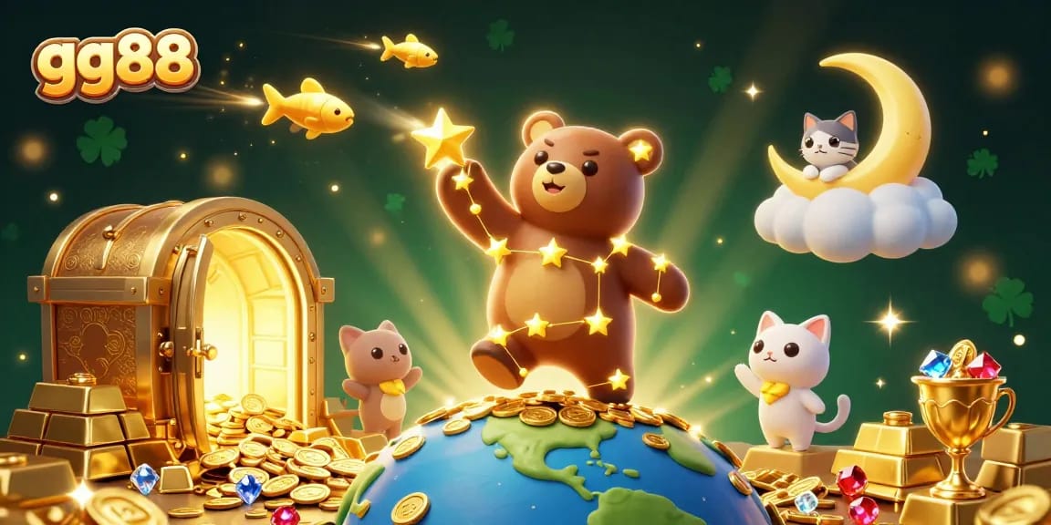gg88 offers an enchanting experience featuring a cosmic bear and treasure amidst a magical casino atmosphere.
