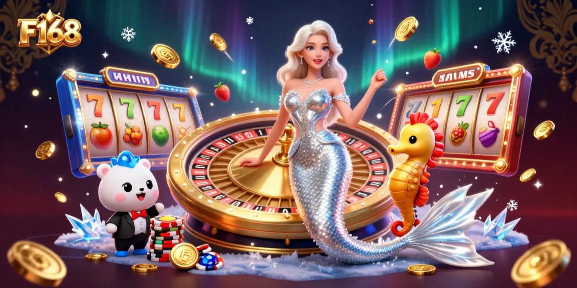 Engaging in thrilling slot games at F168 with a dazzling mermaid character and golden roulette.