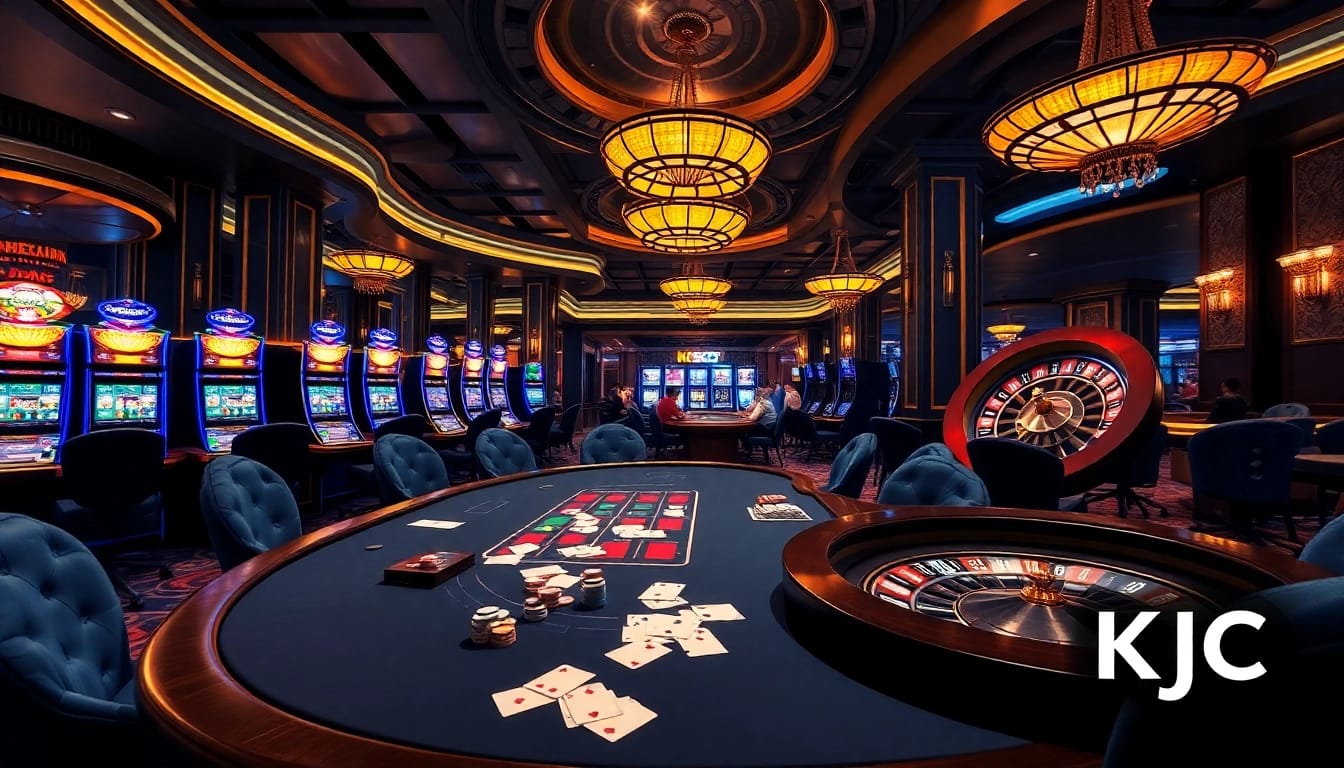 Players competing at a luxurious KJC casino with poker chips and slot machines.