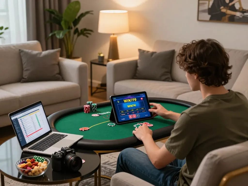 Player enjoying poker on WIN79 tablet with cozy home setup and betting notes