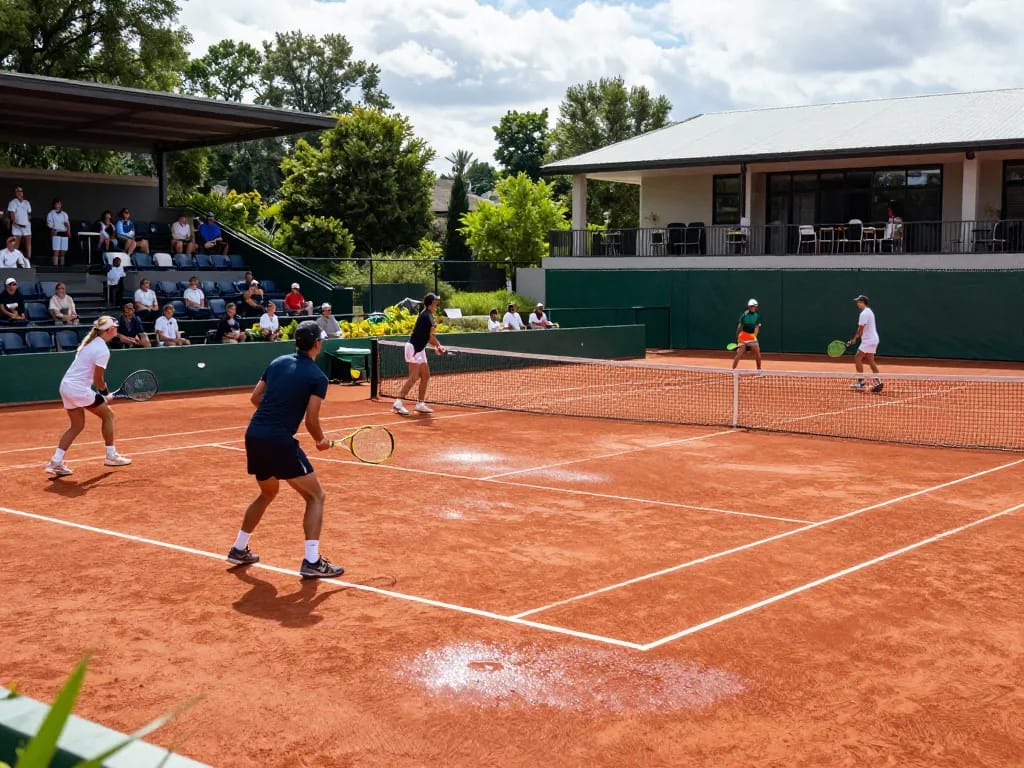 HybridClay tennis court scene with players demonstrating superior performance and eco-friendly features.