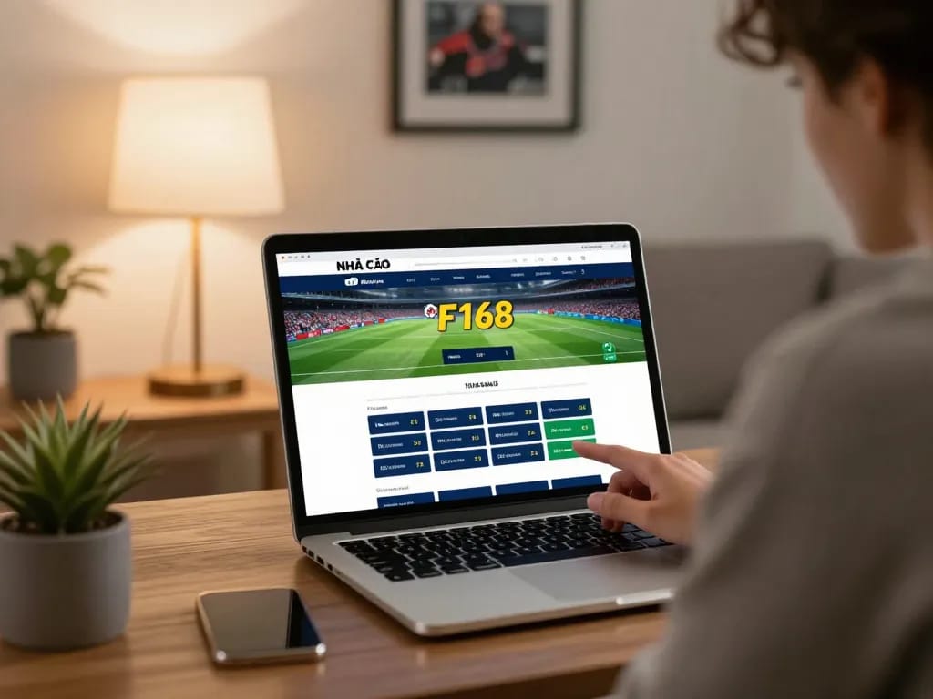NHÀ CÁI F168 user actively engaging in online betting experience from a cozy home setting