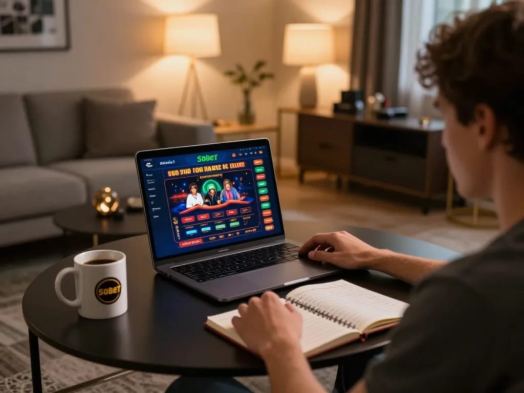 Engaging in online gaming at https://sbobet11.sa.com/ with a laptop in a cozy modern living room.
