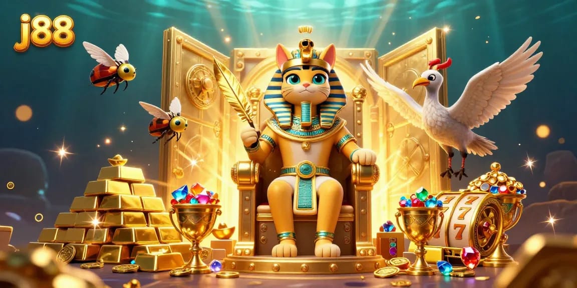 Experience the thrill of j88 as the Egyptian pharaoh cat reigns over a wealth of treasures.