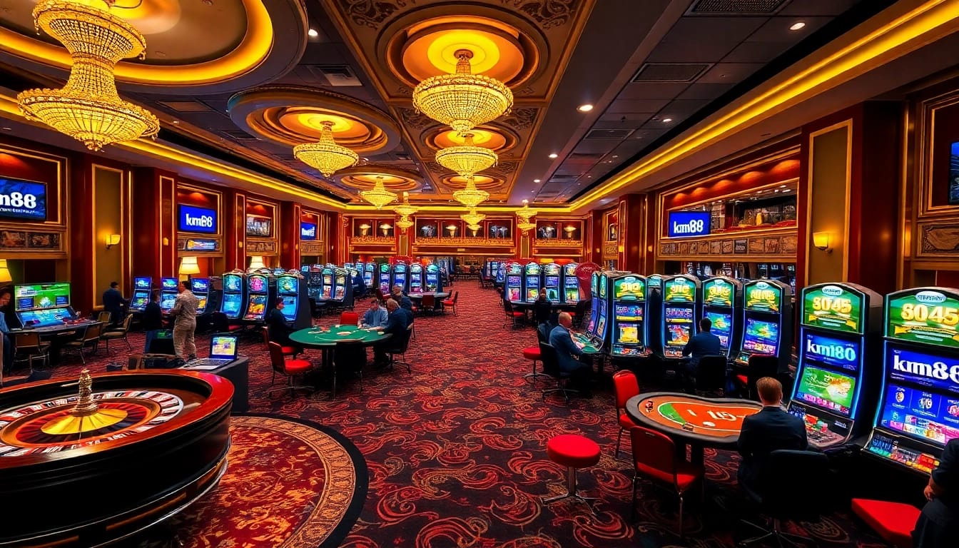 Players enjoying casino games at km88, featuring roulette, poker, and vibrant slot machines.