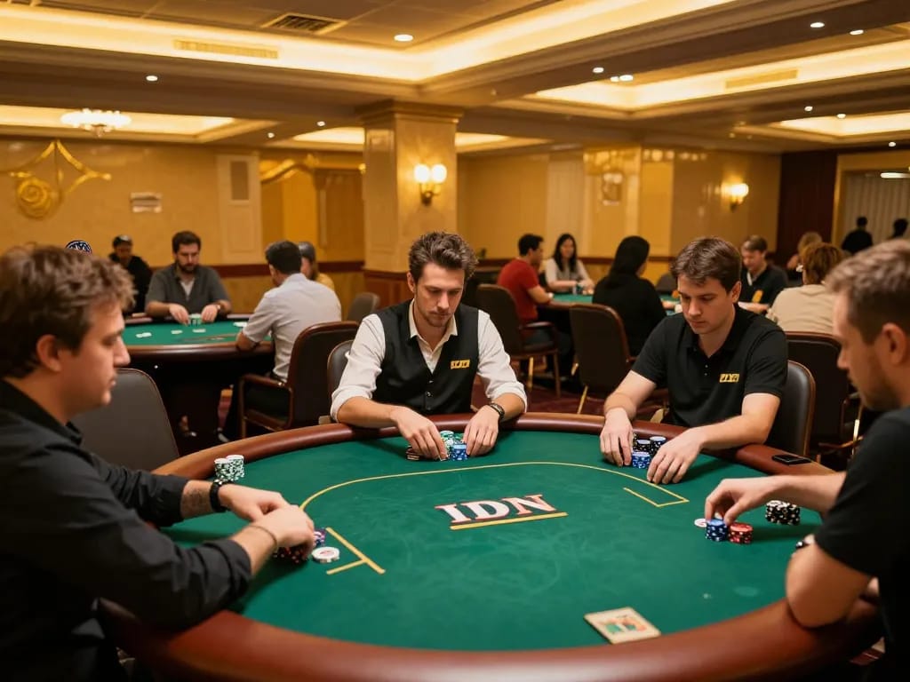 Engaged players strategizing in a luxury poker room while playing Dominobet IDN Poker under warm lighting.