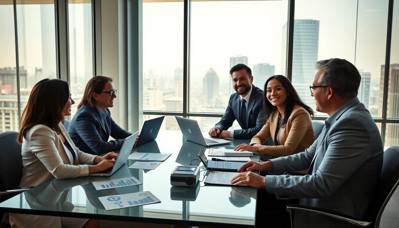 Engaged team of top financial advisors collaborating with clients in a modern office.