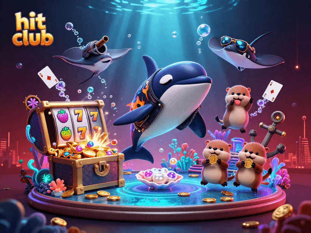 Experience the thrill of the hit club gaming scene with an orca, stingray, and otters in a vibrant underwater casino.