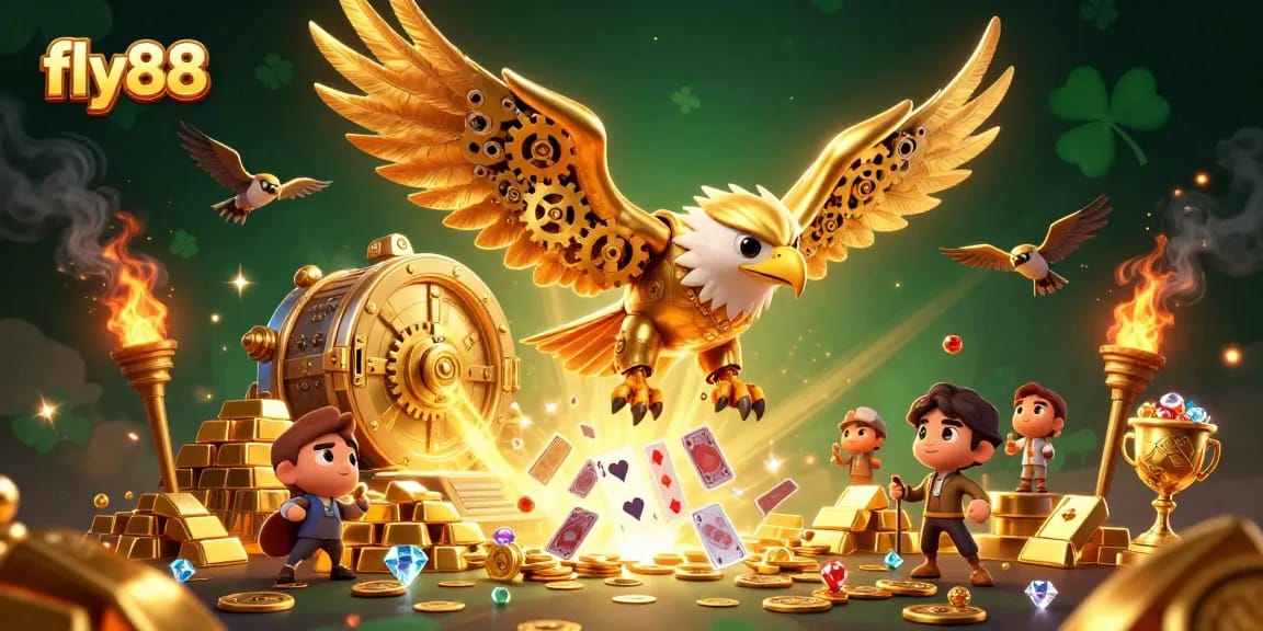 Experience thrilling action with fly88 as a cybernetic eagle dives into a treasure-filled casino.