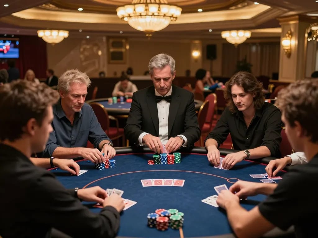 Players engaged in a thrilling poker game at Fly888 casino, highlighting strategic gameplay and excitement.