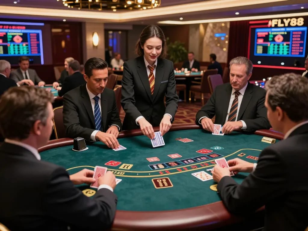 FLY88 players engaged in a thrilling live blackjack game with professional dealers.
