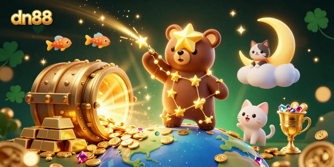 Join the excitement at dn88, where golden treasures and games await in a vibrant 3D illustration.