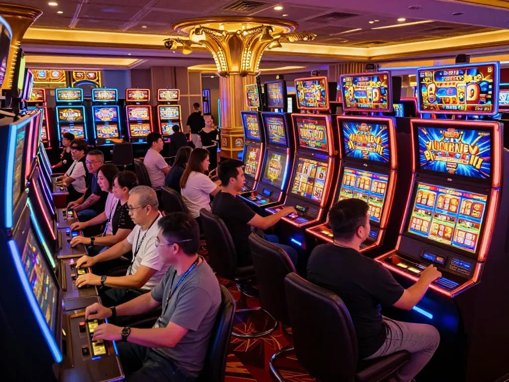 Engaged players enjoying slot gaco games in a lively casino atmosphere