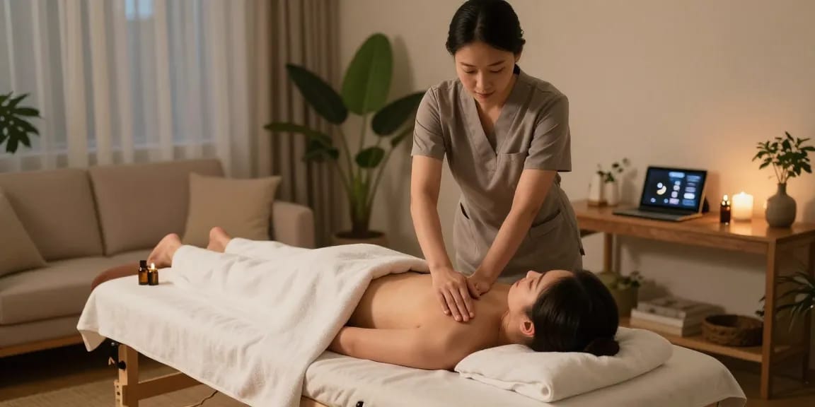 Relaxing 광진구출장마사지 scene in a serene living room with a professional therapist at work.