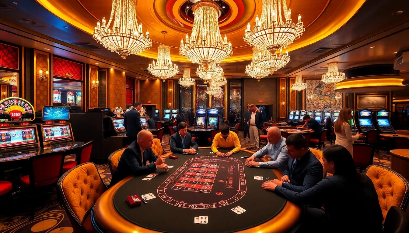 Experience the thrill of gambling at https://da88.navy/ with professional poker players at an elegant casino table.