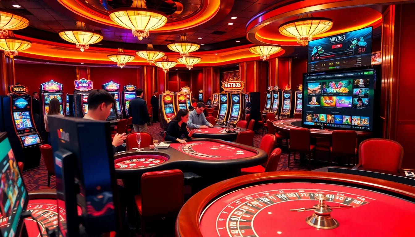 Experience thrilling gameplay at https://net88.wtf/ with poker chips and cards in a lively casino environment.