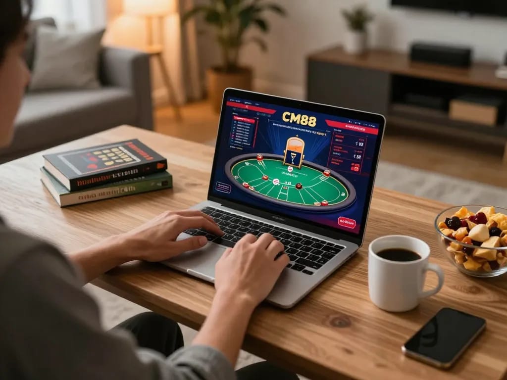 Player using CM88 online gaming interface while enjoying a cozy home environment.