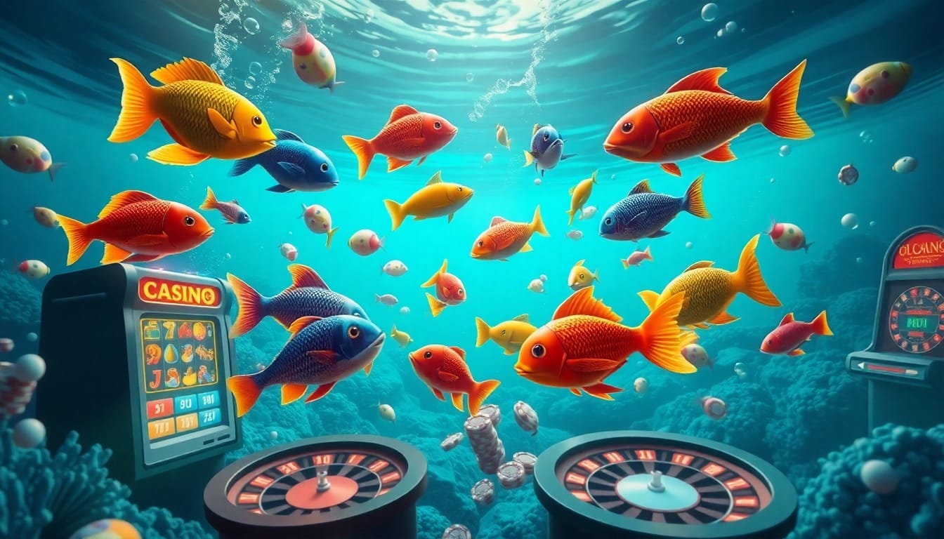 Bắn cá đổi thưởng game with vibrant 3D fish and casino elements thrillingly combined.
