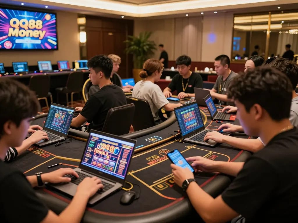 Players engaging in thrilling online casino games with QQ88 Money promotions visible, showcasing vibrant gaming atmosphere.