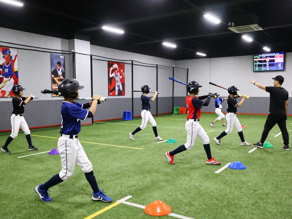 Young athletes training at hitclub baseball facility, focused on batting technique.