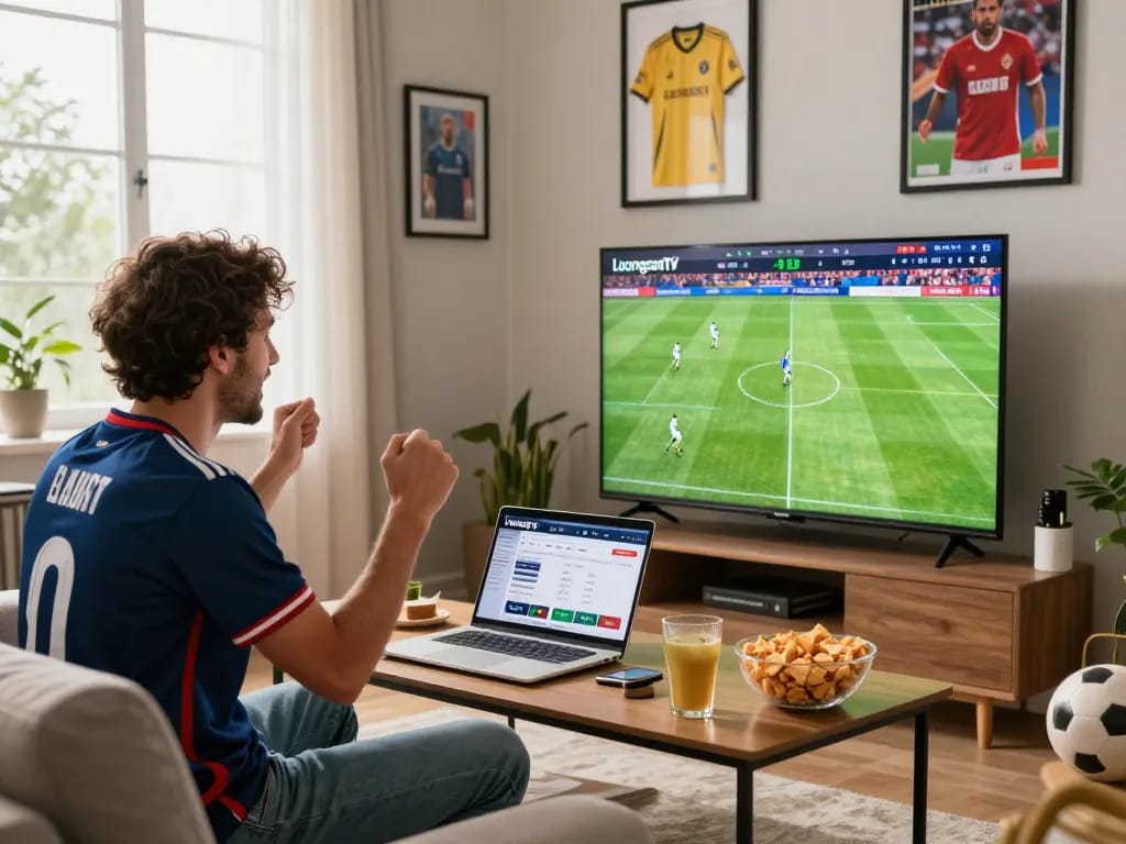 Người hâm mộ thưởng thức luongson live bóng đá trực tiếp trên TV thông minh cùng đồ ăn nhẹ và sự phấn khích.