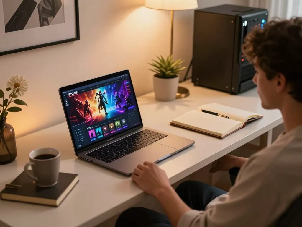 Person engaging with 789CLUB interface on modern laptop, showcasing online gaming setup