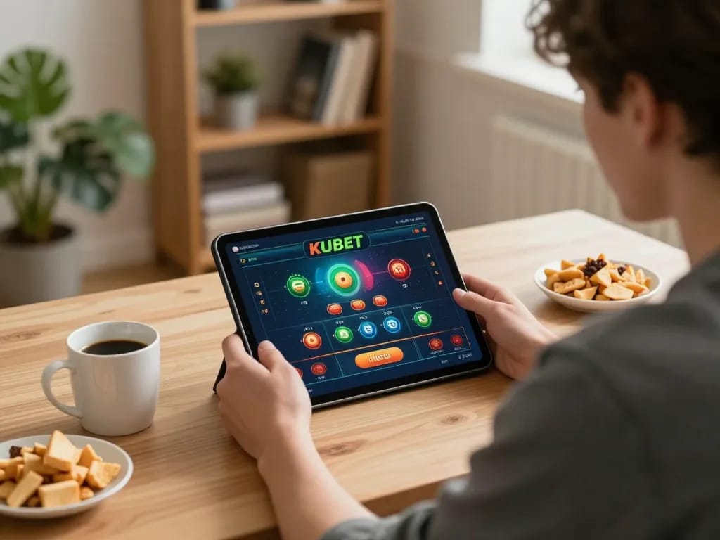 KUBET player engaging in a live casino game from home, showcasing strategic online gaming atmosphere.