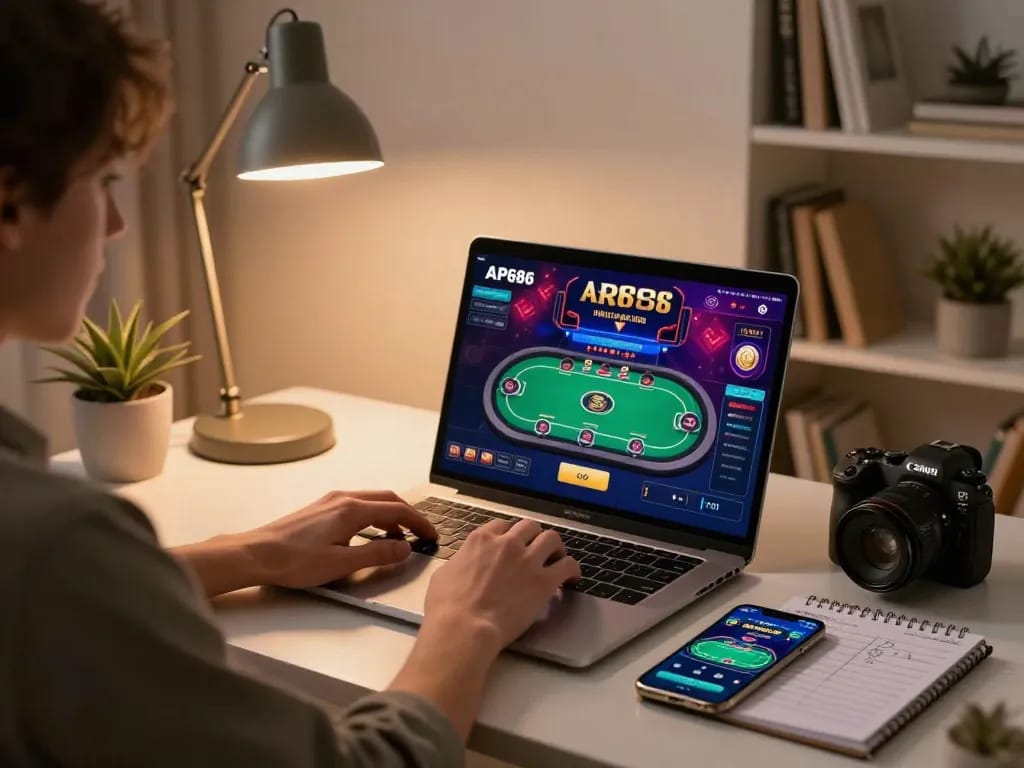 Pemain menikmati pengalaman kasino daring AP686 yang menarik dengan laptop dan catatan strategi di lingkungan rumah yang nyaman