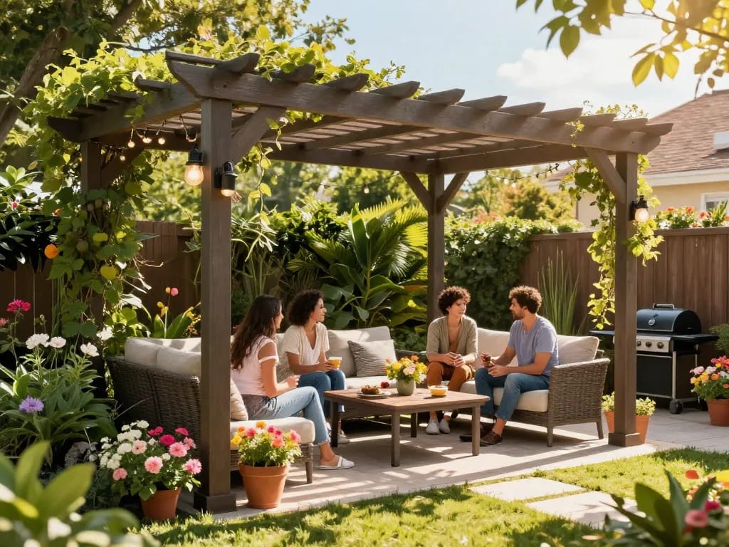 Elegant 3D pergola enhancing a garden gathering atmosphere with friends.