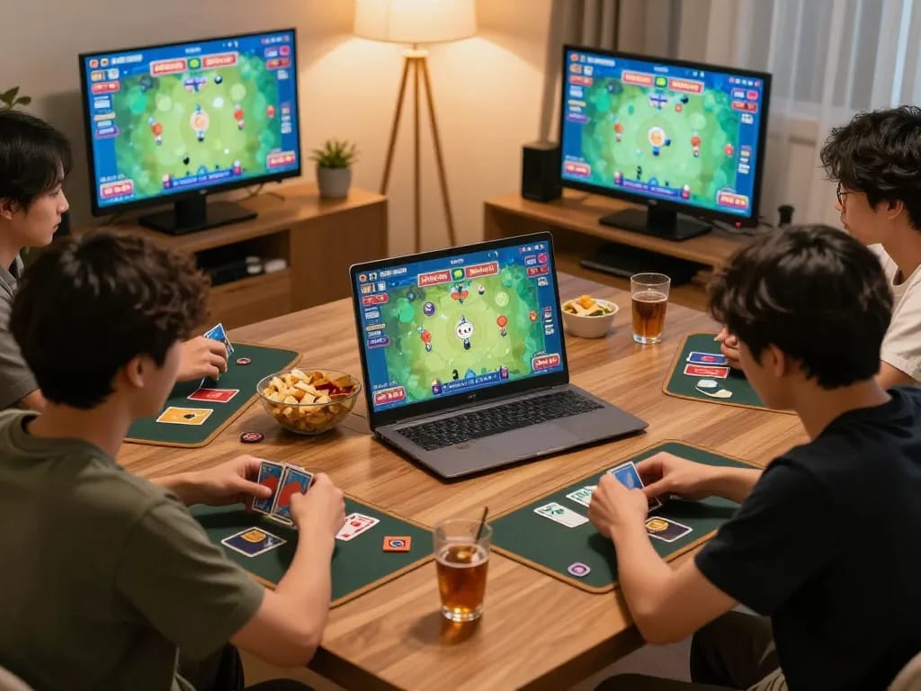 Engaged players enjoying a game bài đổi thưởng in a cozy home setting, showcasing strategic gameplay.