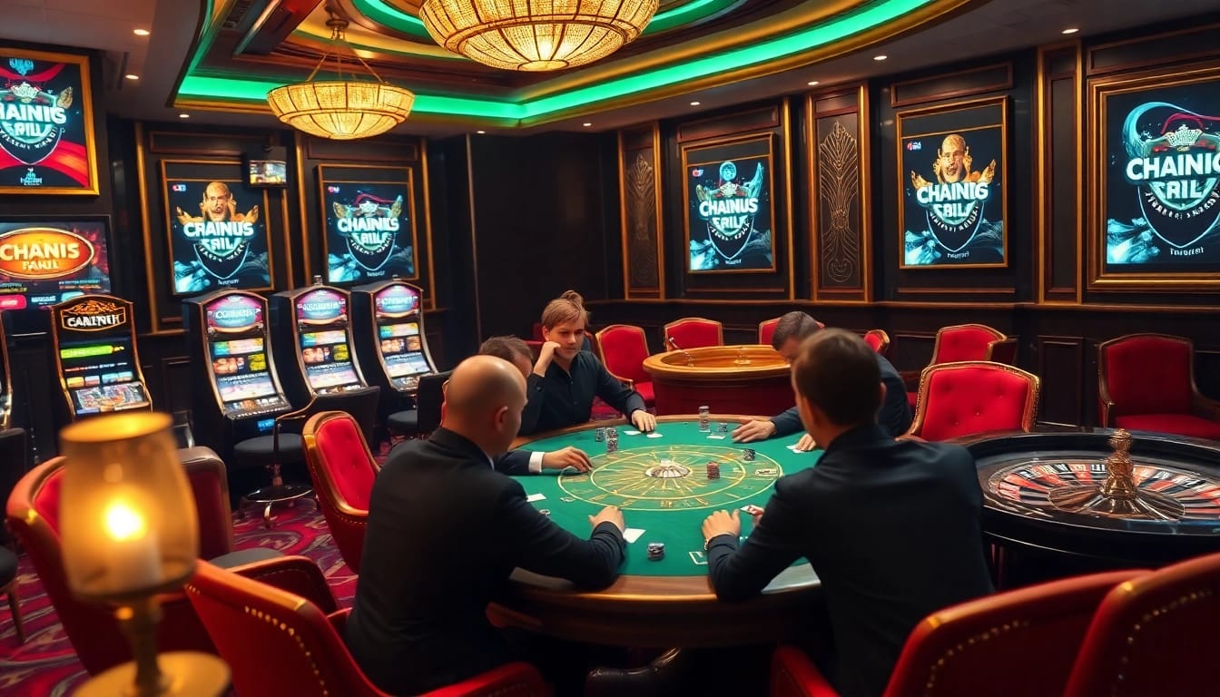 Experience the thrilling atmosphere of thabet và kubet at a luxurious poker table surrounded by slot machines and roulette.