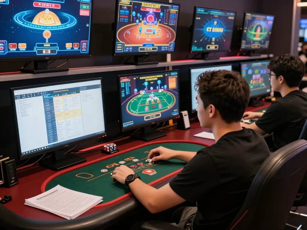 Tham gia trò chơi poker trực tuyến của 12bet trên nhiều màn hình thể hiện chiến lược và lối chơi
