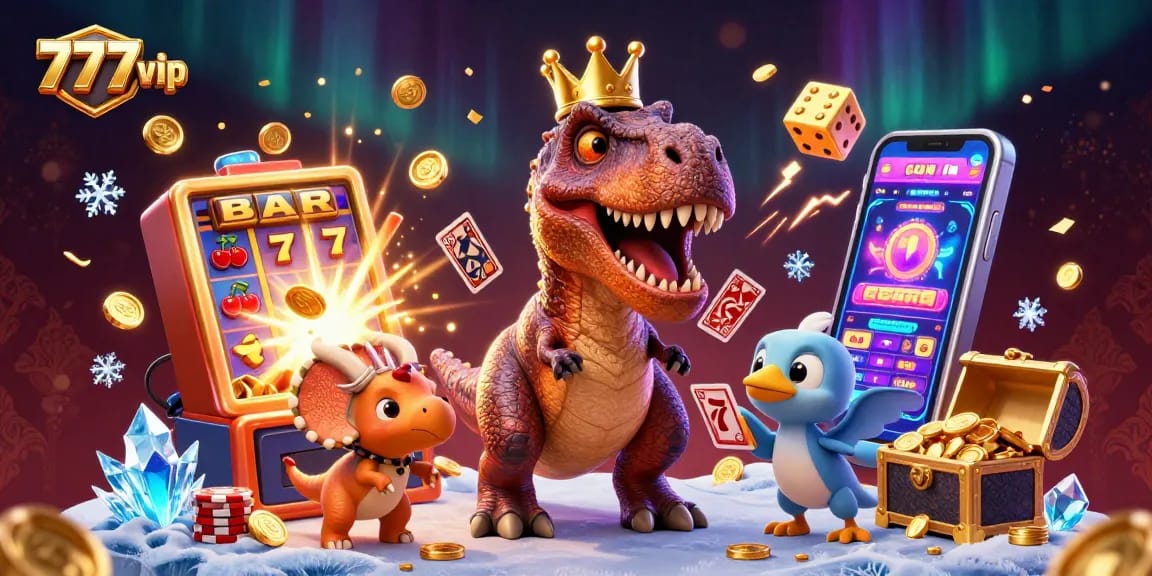 Play at 777vip with exciting cartoon characters in a vibrant casino scene filled with jackpots.