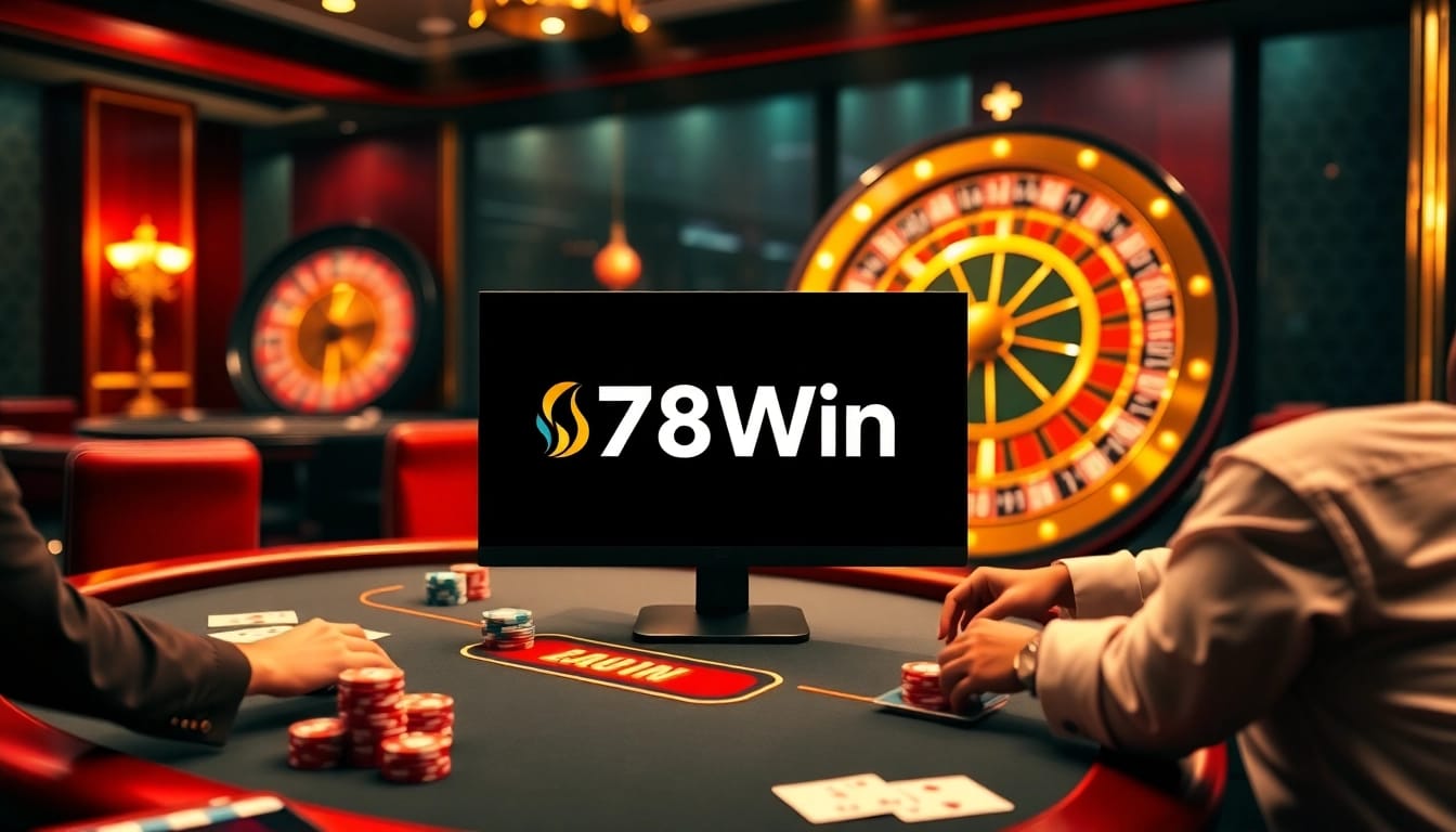 Experience casino thrills with 78Win in a luxurious poker scene featuring vibrant chips and cards.