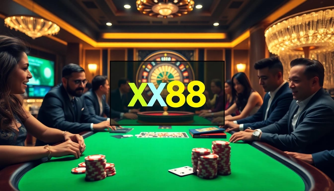 Players engaging in high-stakes poker at XX88 casino with vibrant atmosphere and professional setup.