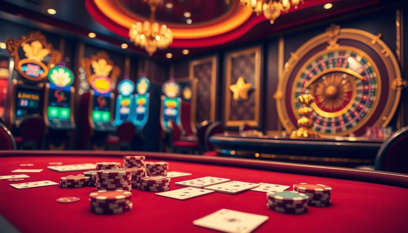 Players engage in an exciting game at Luckywin's high-stakes poker table, surrounded by vibrant chips and cards.