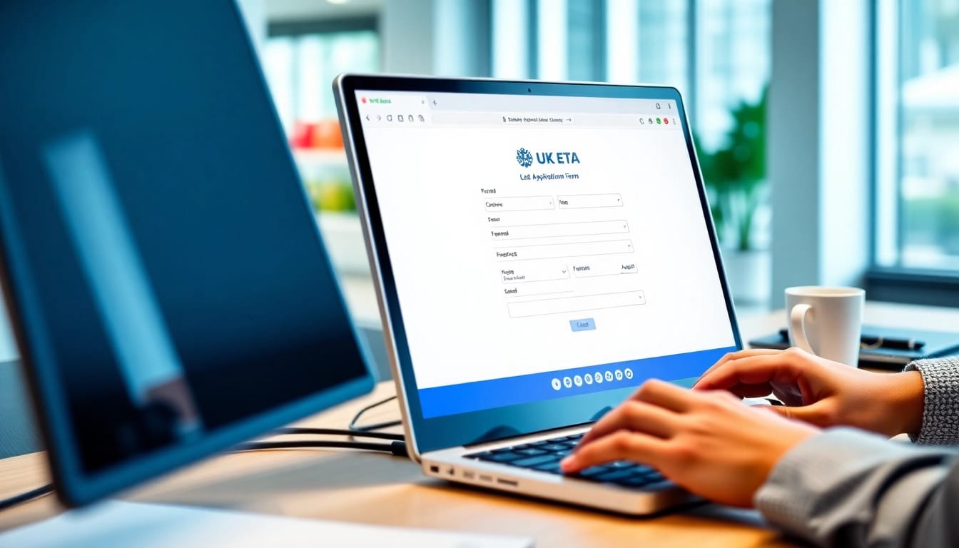 Engaging with the uk eta online application on a sleek computer in a modern office.
