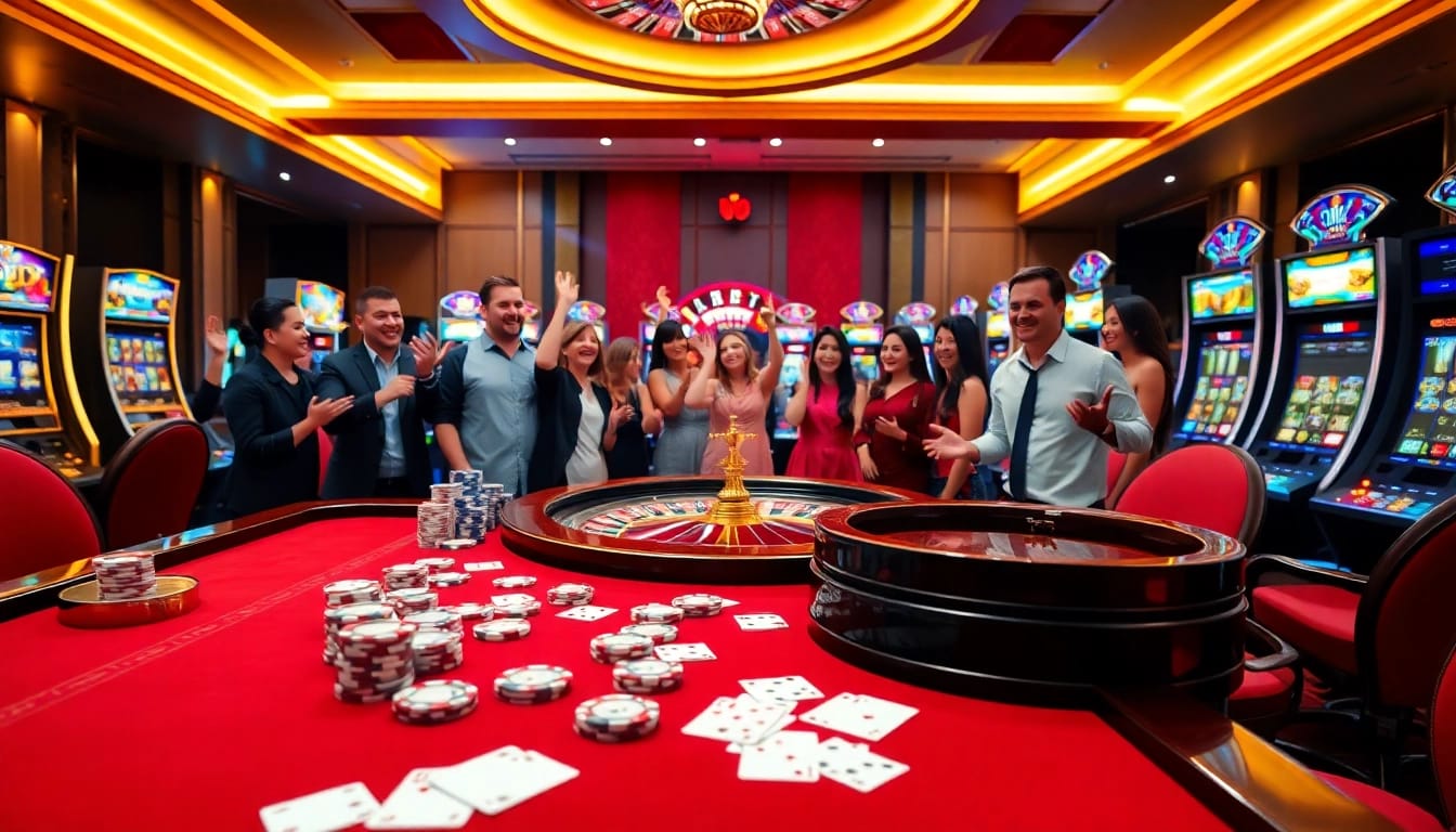 Engage in exciting gaming at https://68vip.trade/ with a vibrant casino atmosphere showcasing tables and players.