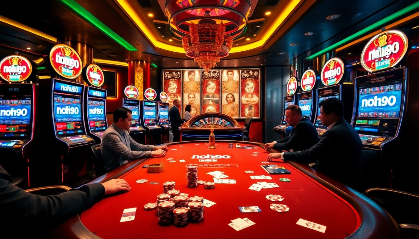 Players enjoying a professional poker game at a luxurious casino featuring nohu90-themed slot machines.