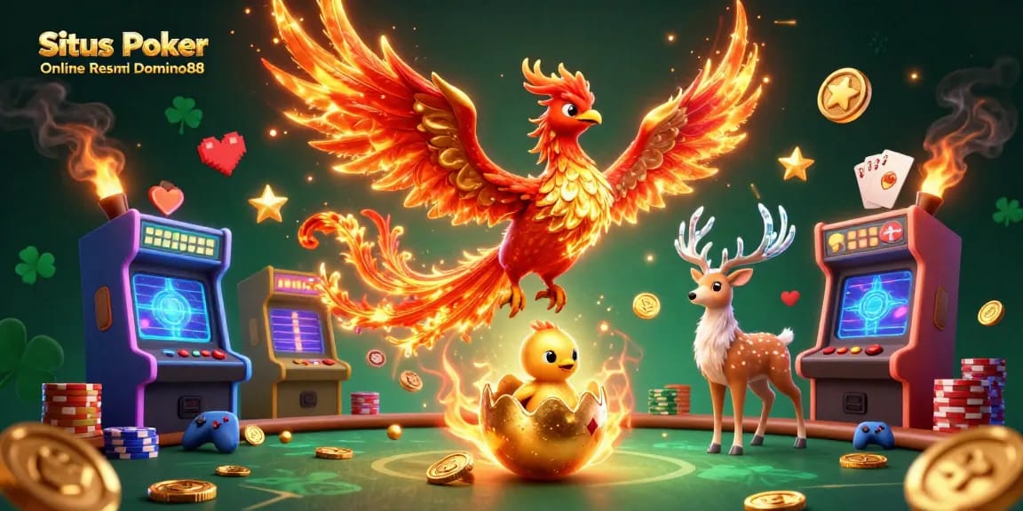 Situs Poker Online Resmi Domino88 showcases a 3D phoenix and stag amid vibrant gaming elements, symbolizing excitement.