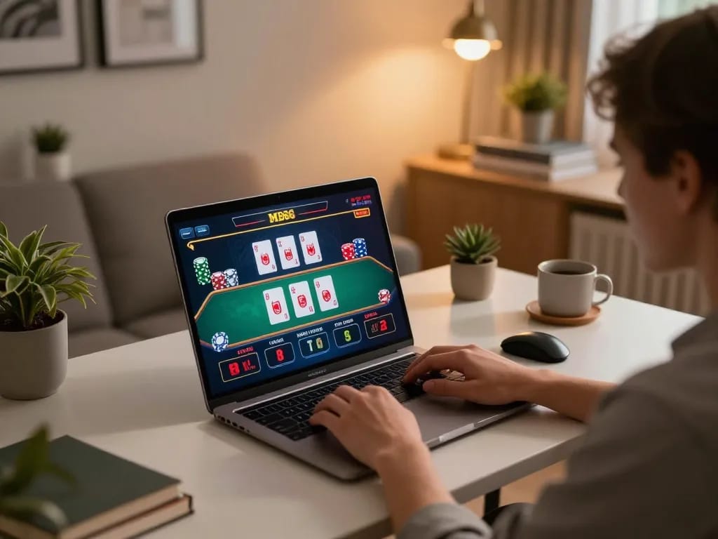 Player enjoying MB66 online casino games with a vibrant live dealer interface in a cozy home setting.