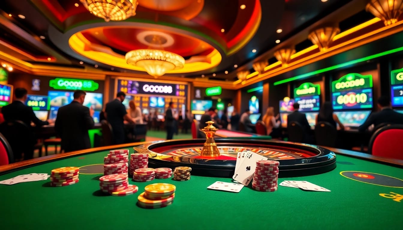 Experience the thrill of winning at Good88 with vibrant casino scenes featuring poker and roulette.