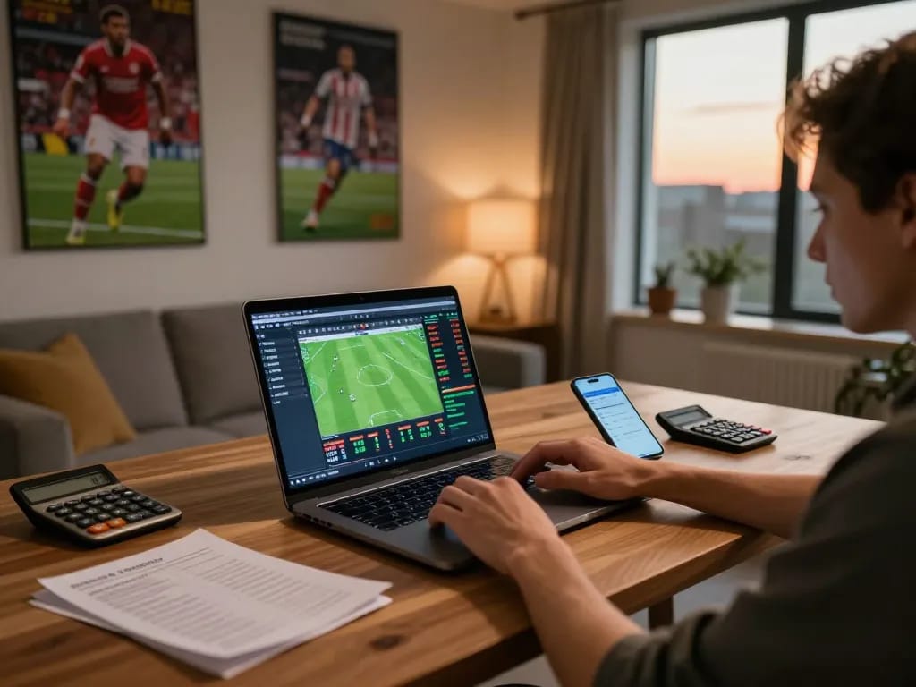 Analyzing tỷ lệ bóng đá kèo nhà cái with charts on a laptop during an online betting session