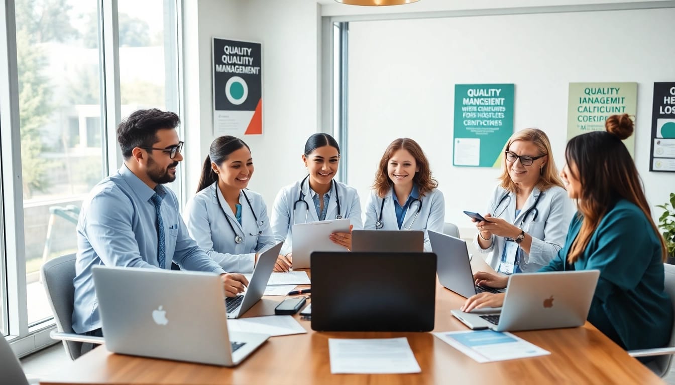 Healthcare professionals discussing cqm certification in a bright office environment.