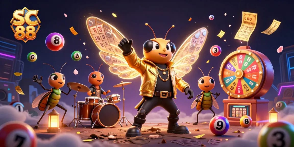Engage with SC 88's exciting gaming experience through a vibrant 3D scene of animated characters amidst lottery and casino elements.